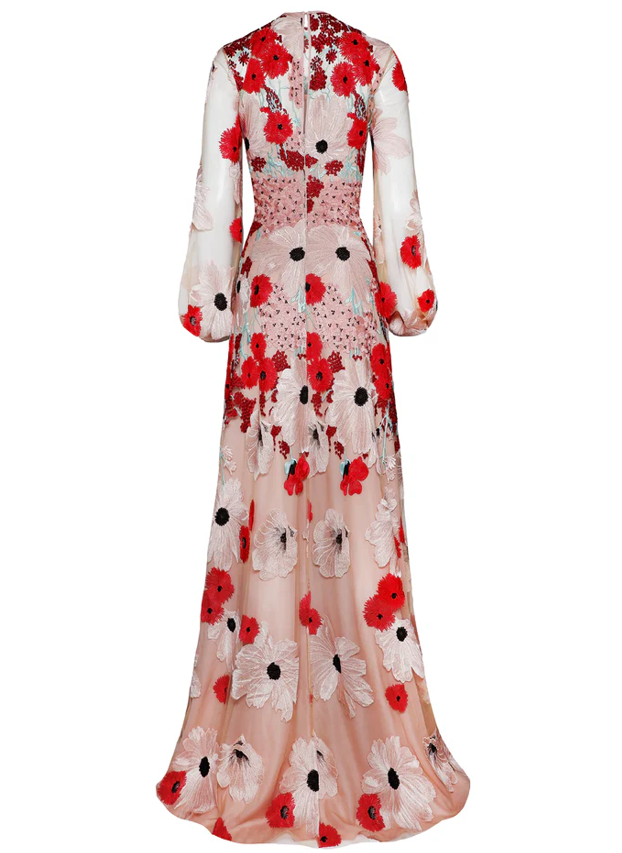 Embroidered Poppy Long Sleeve Gown
