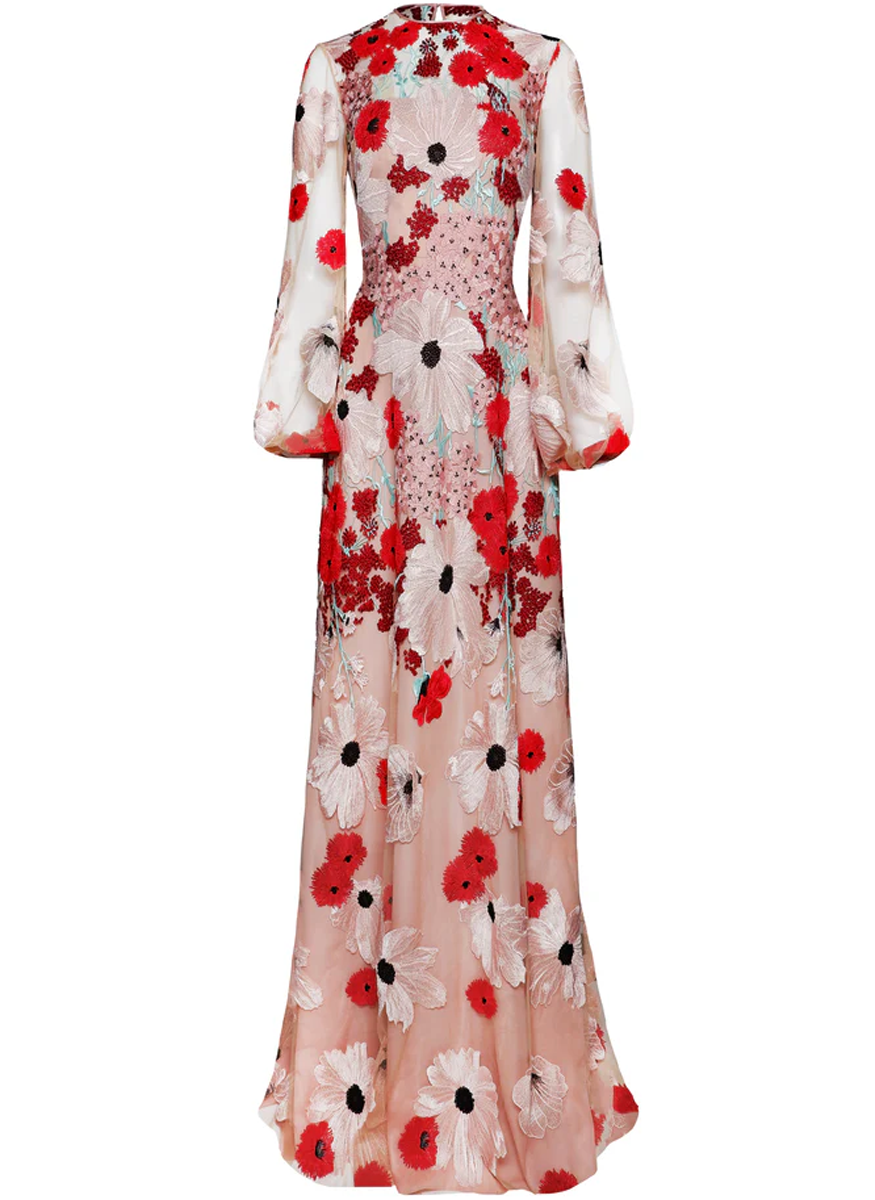 Embroidered Poppy Long Sleeve Gown