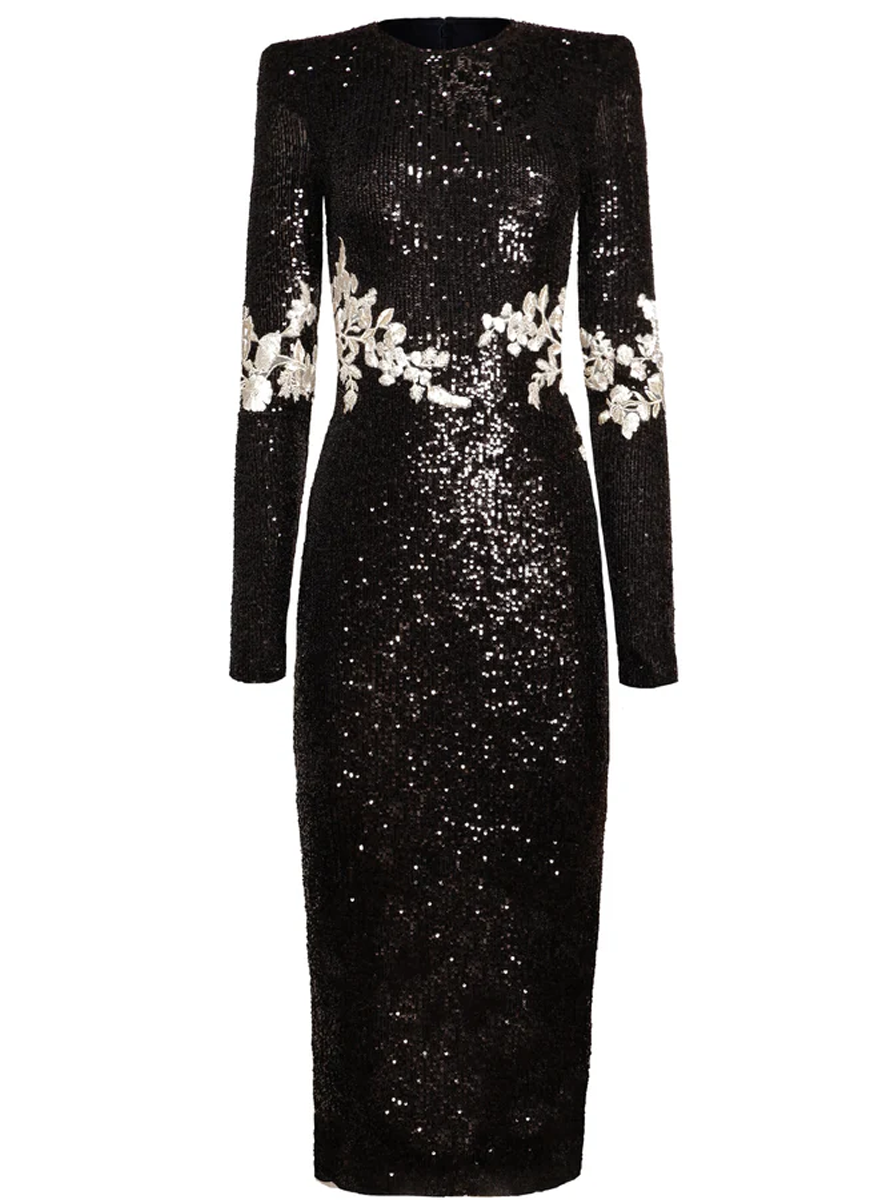 Floral Applique Stretch Sequin Long Sleeve Dress