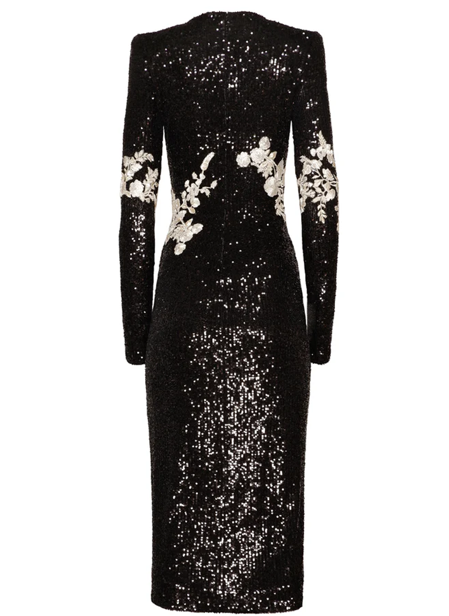 Floral Applique Stretch Sequin Long Sleeve Dress