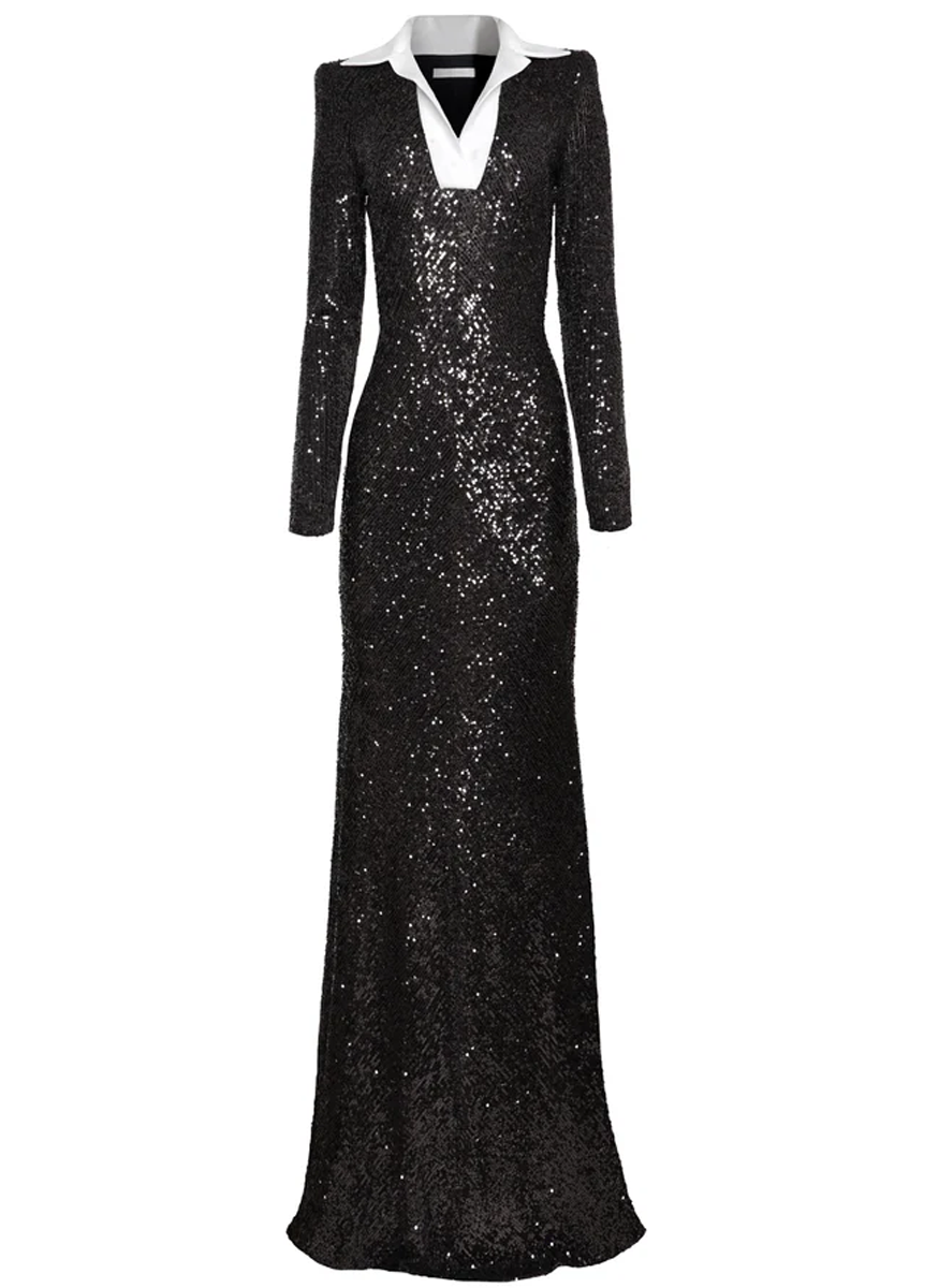 Tuxedo Sequin Gown with Long Sleeves