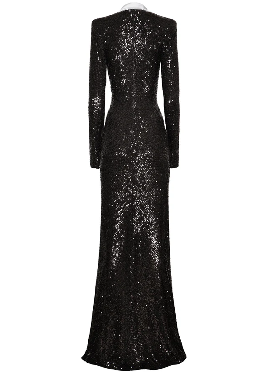Tuxedo Sequin Gown with Long Sleeves