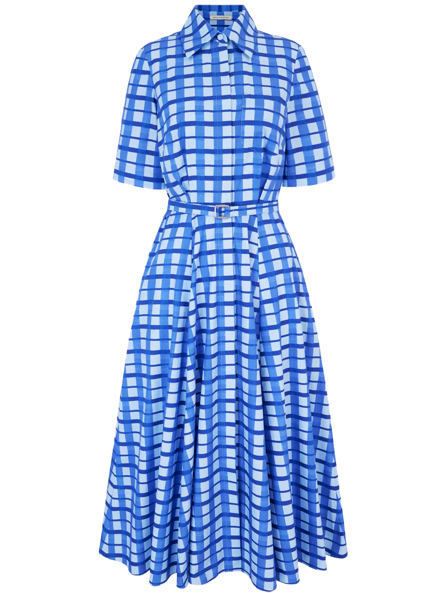 Rubie Dress in Blue Painted Gingham Cotton Poplin