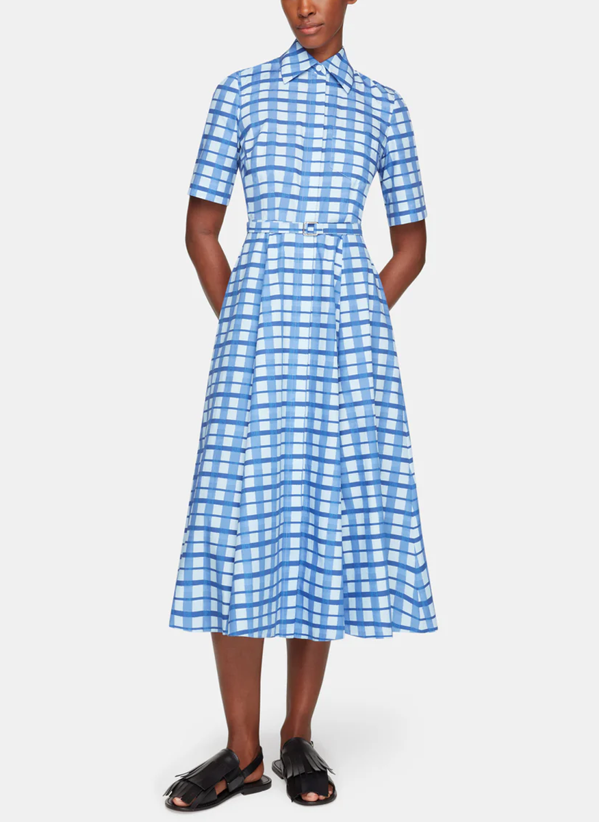 Rubie Dress in Blue Painted Gingham Cotton Poplin