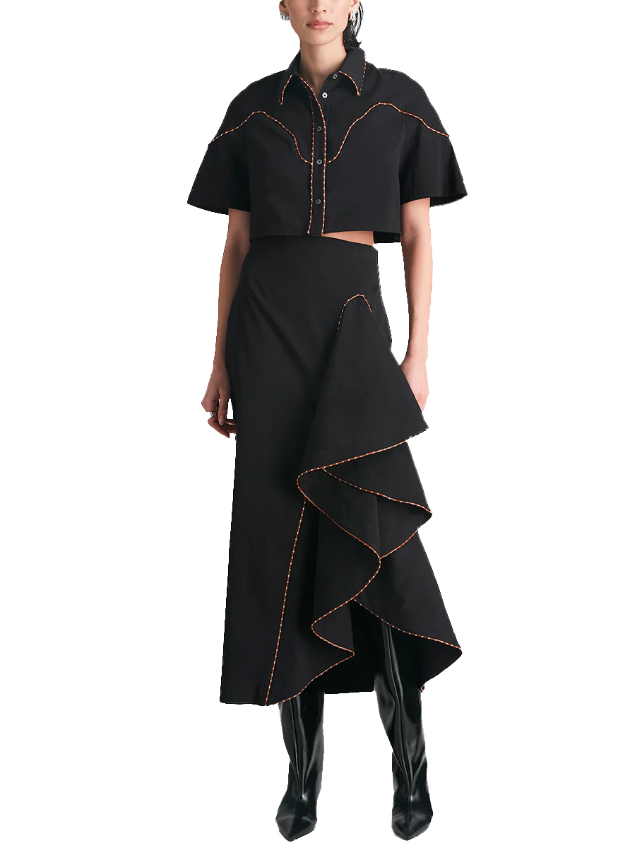 Leather Trim Cropped Short Sleeve Top