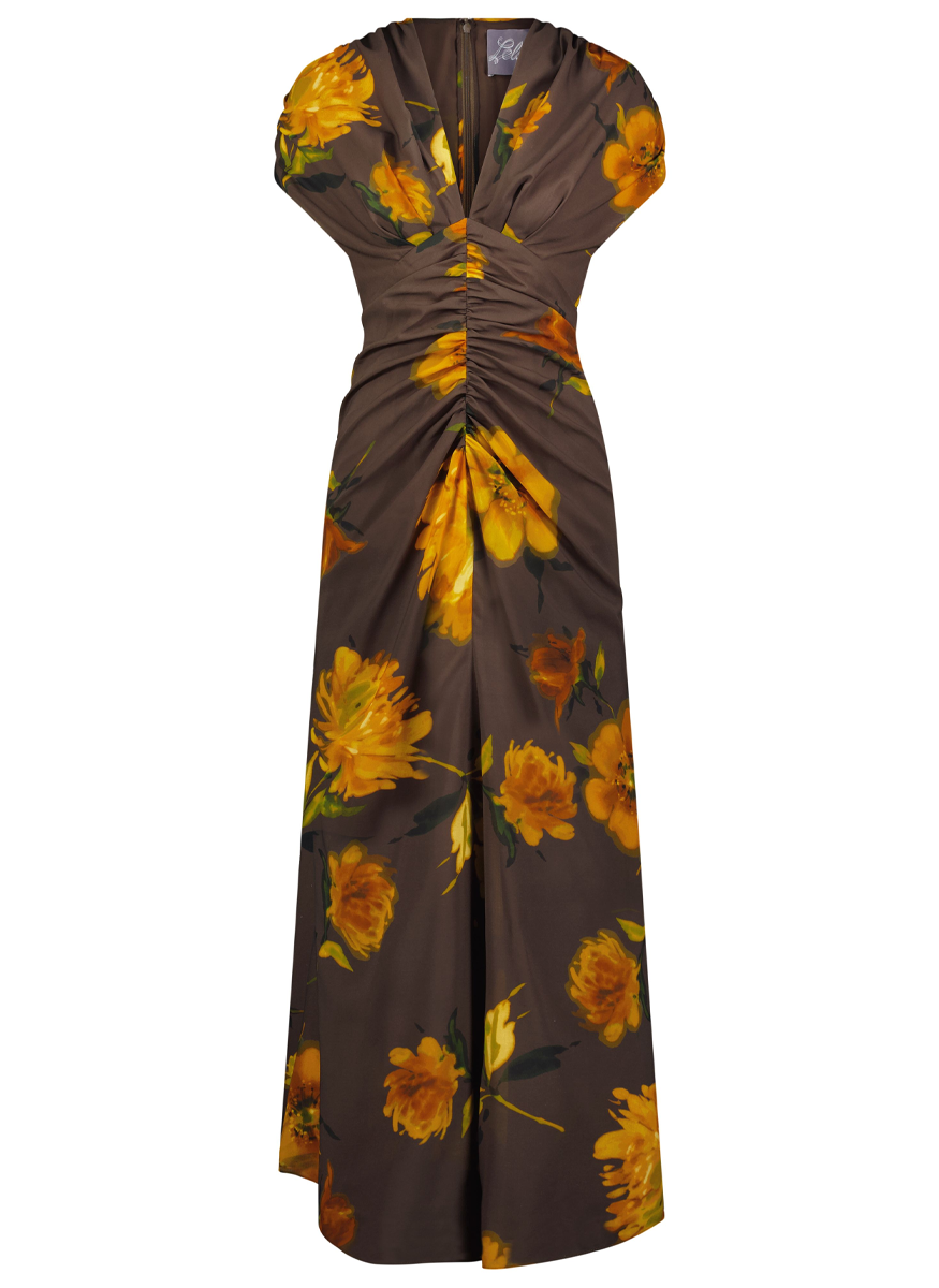 Floral Chiffon V Neck Shirred Dress