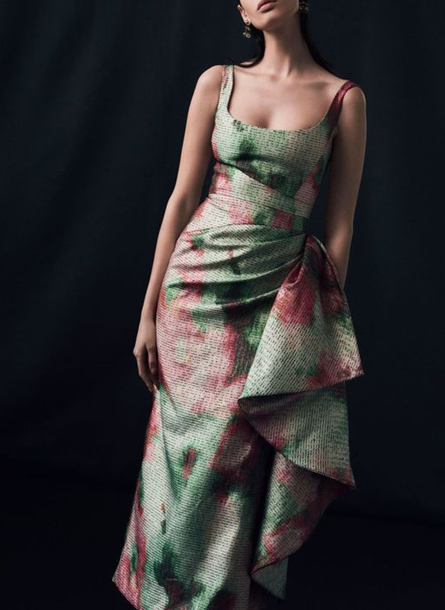 Scoop Neck Florence Sheath Dress in Watercolor Jacquard