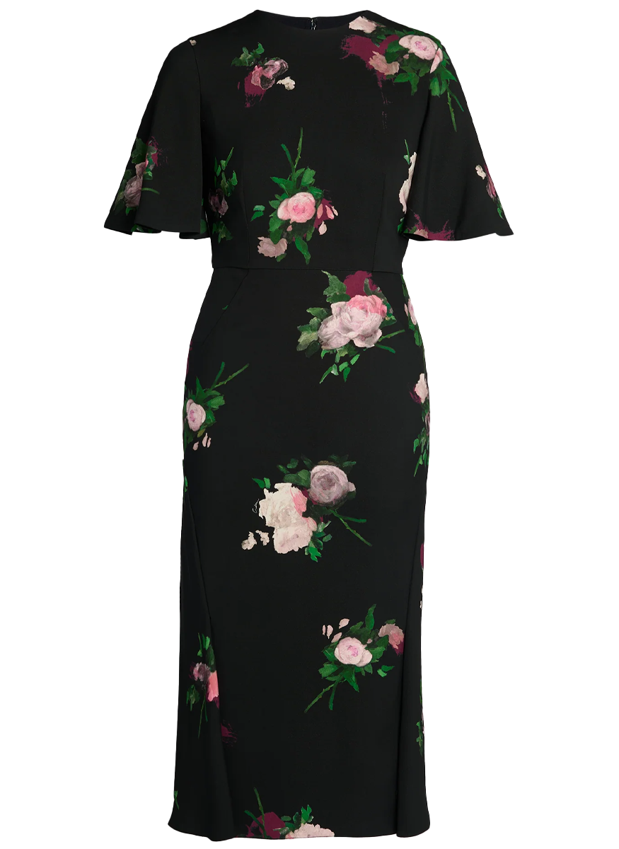 Painted Rose Bouquet Short Sleeve Midi Dress US6 / Painted