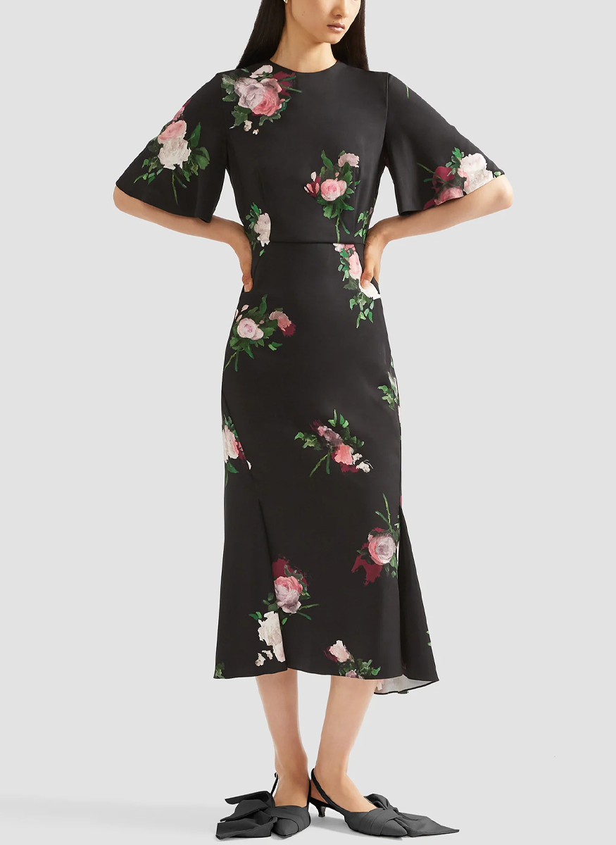 Painted Rose Bouquet Short Sleeve Midi Dress