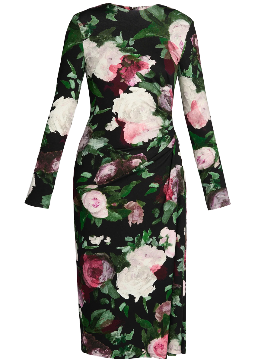 Long Sleeve Draped Midi Dress US12 / PAINTED ROSES Long Sleeve Draped Midi Dress US12 / PAINTED ROSES