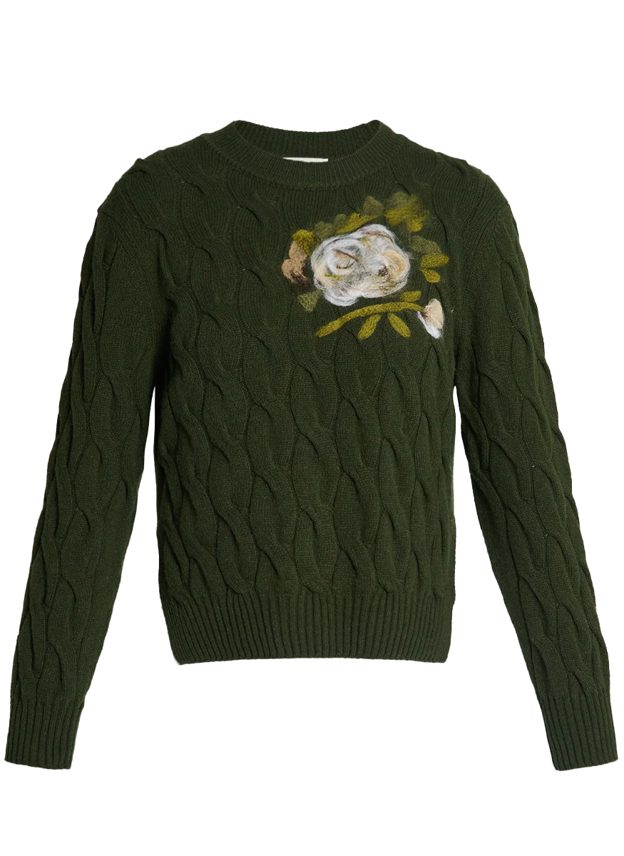 Crewneck Wool Sweater with Floral Detail
