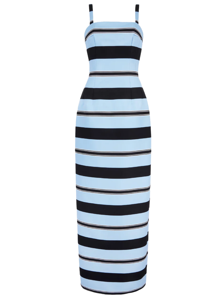 Regina Dress in Blue & Black Striped Taffeta Faille