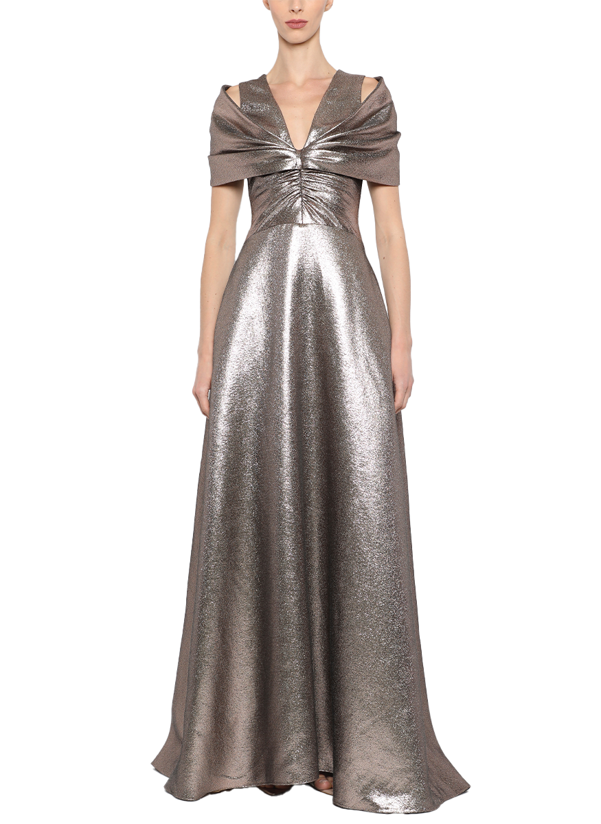 Chiara V-Neck Off Shoulder Metallic Gown