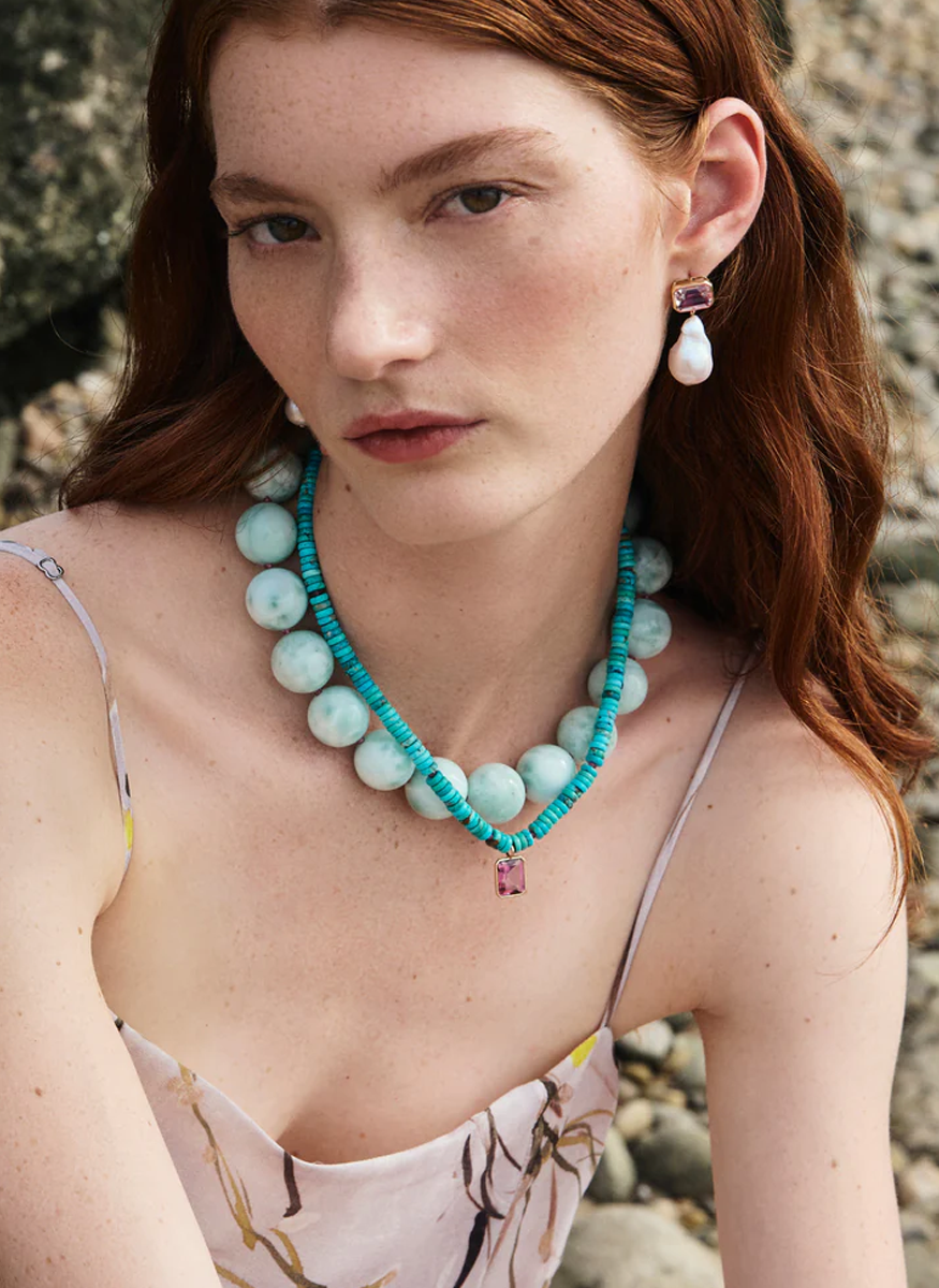 Turquoise and Pink Topaz Necklace, 14K Gold