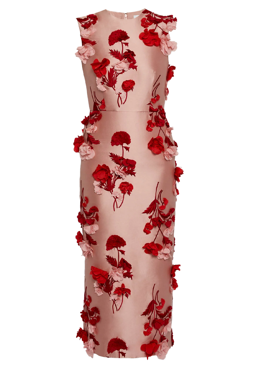 Floral Embroidered Mikado Sleeveless Midi Dress
