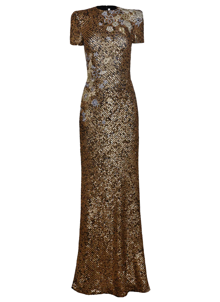 Stretch Sequin Short Sleeve Floral Applique Gown