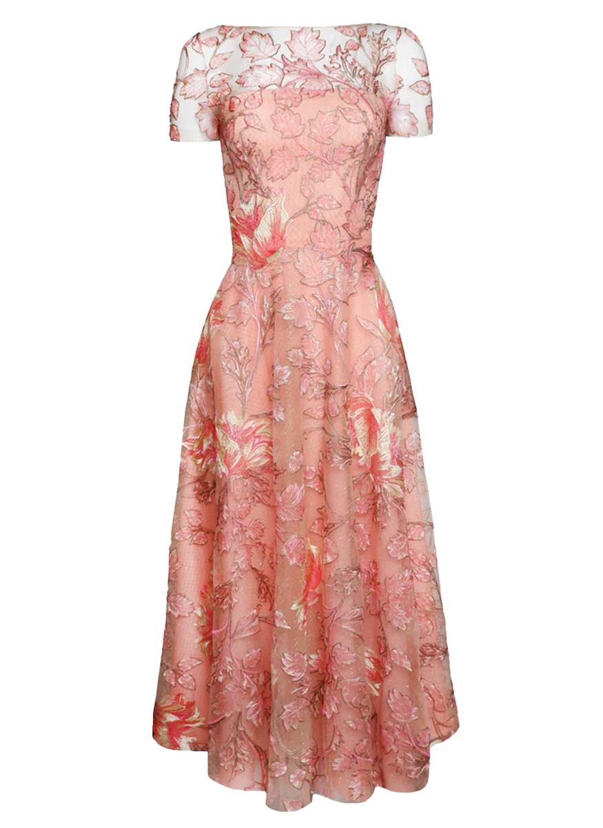 Floral Short Sleeve Illusion Neckline Cocktail Dress