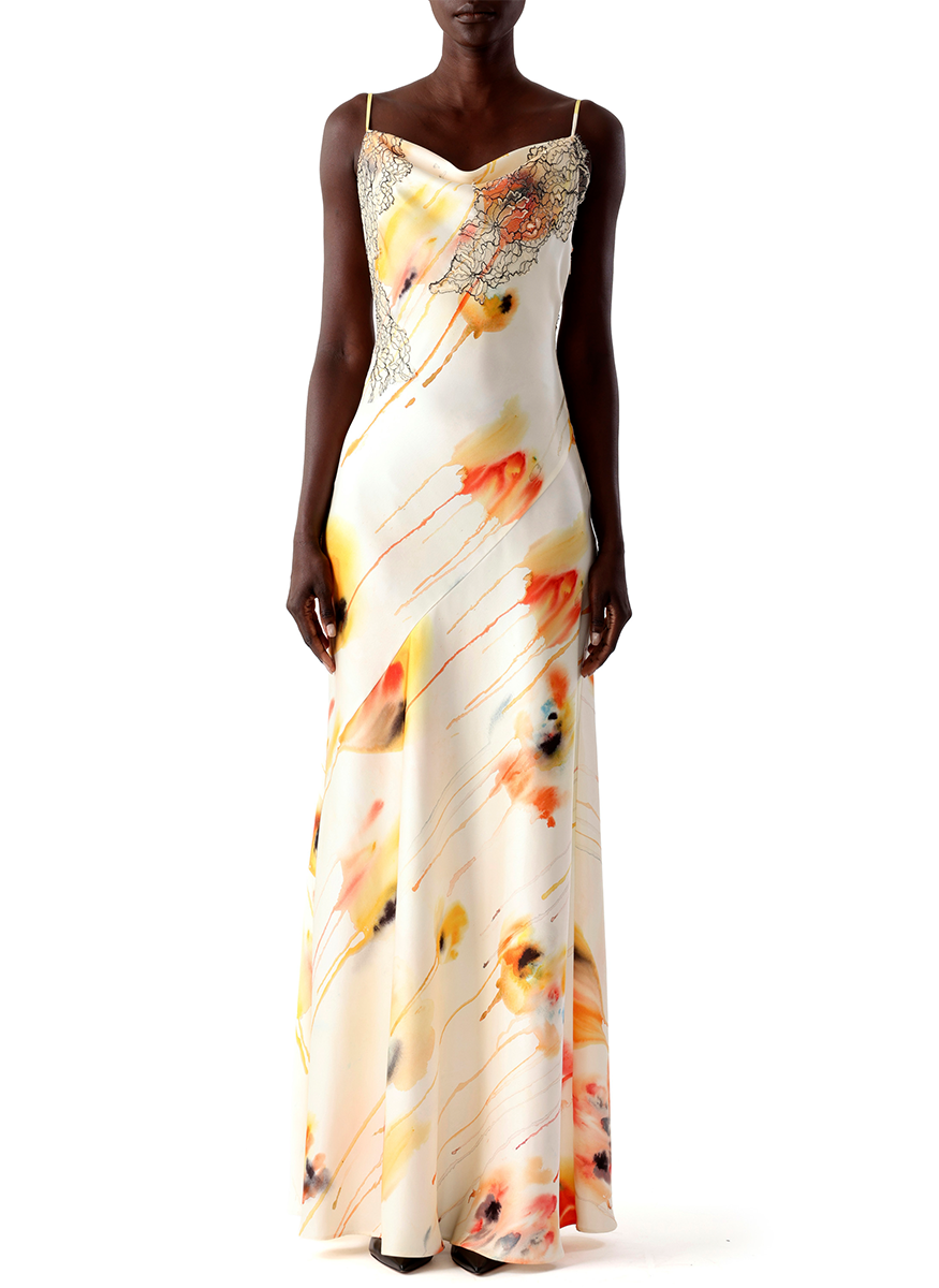 Watercolor Floral Bias Slip Gown with Lace