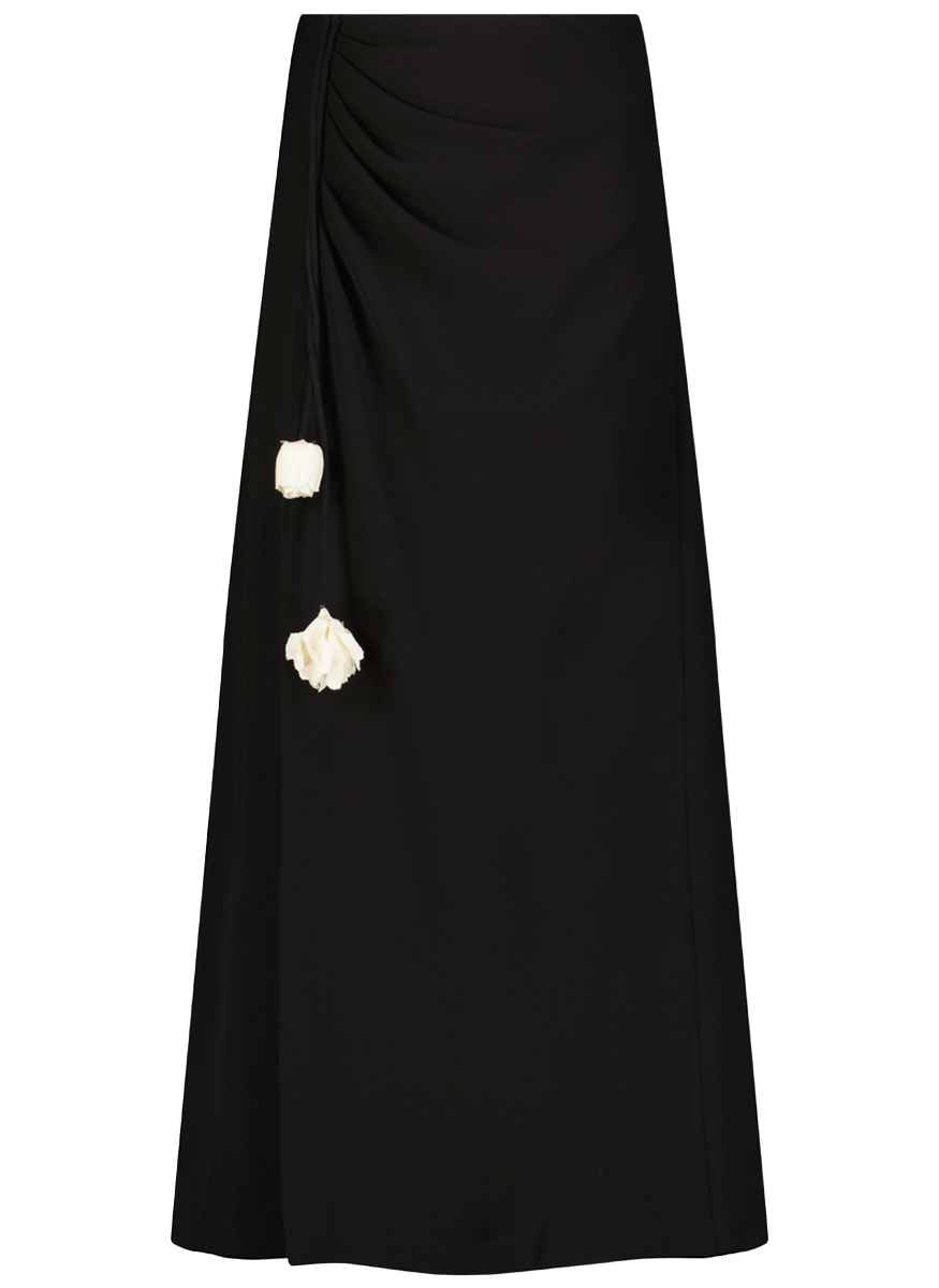 Fluid Crepe Drop Flower Ruched Skirt