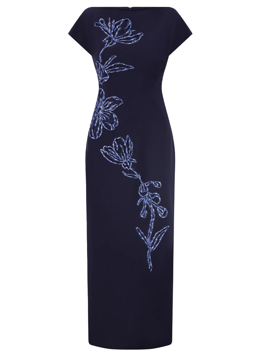 Ikat Floral Embroidered Fluid Crepe Dress