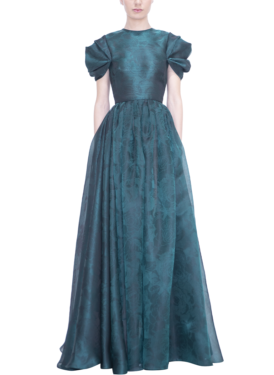 Printed Organza Gown with Draped Sleeves - Reem Acra