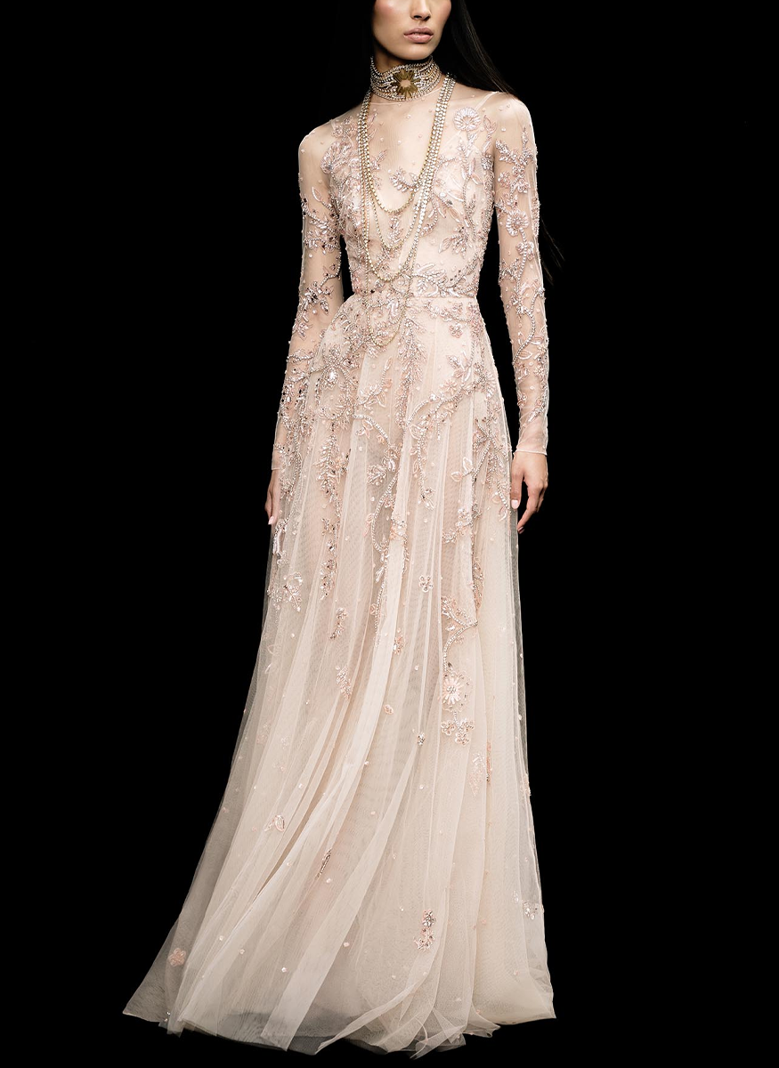 Fully Beaded Long Sleeve Flared Gown