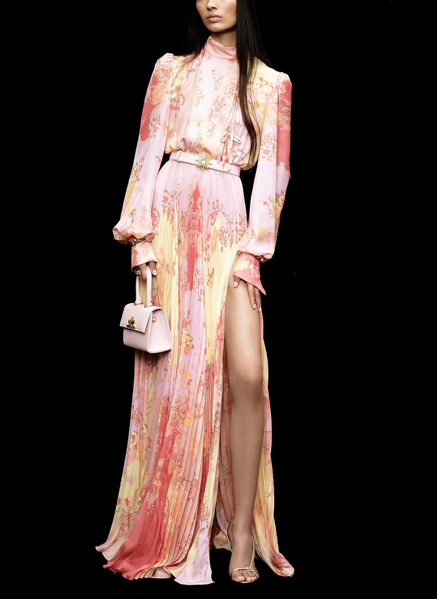 indian designer dresses for women Floral Print Plisse Long Sleeve Gown – Elizabeth Anthony Product Sizes:Small Pink INV-1246177 Emily Ratajkowski's Black Gown