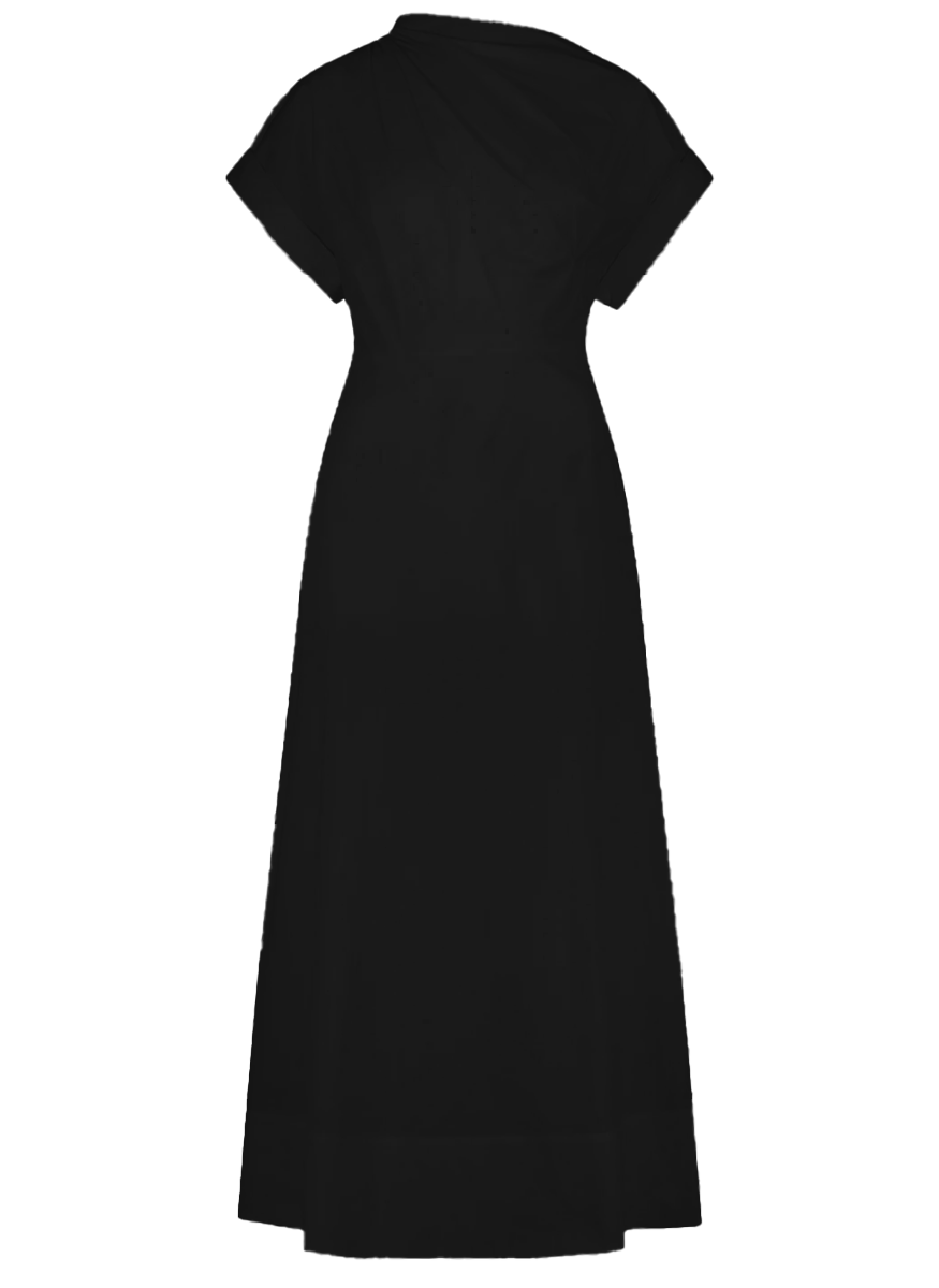 Cotton Poplin Short Sleeve Draped Shoulder Midi Dress