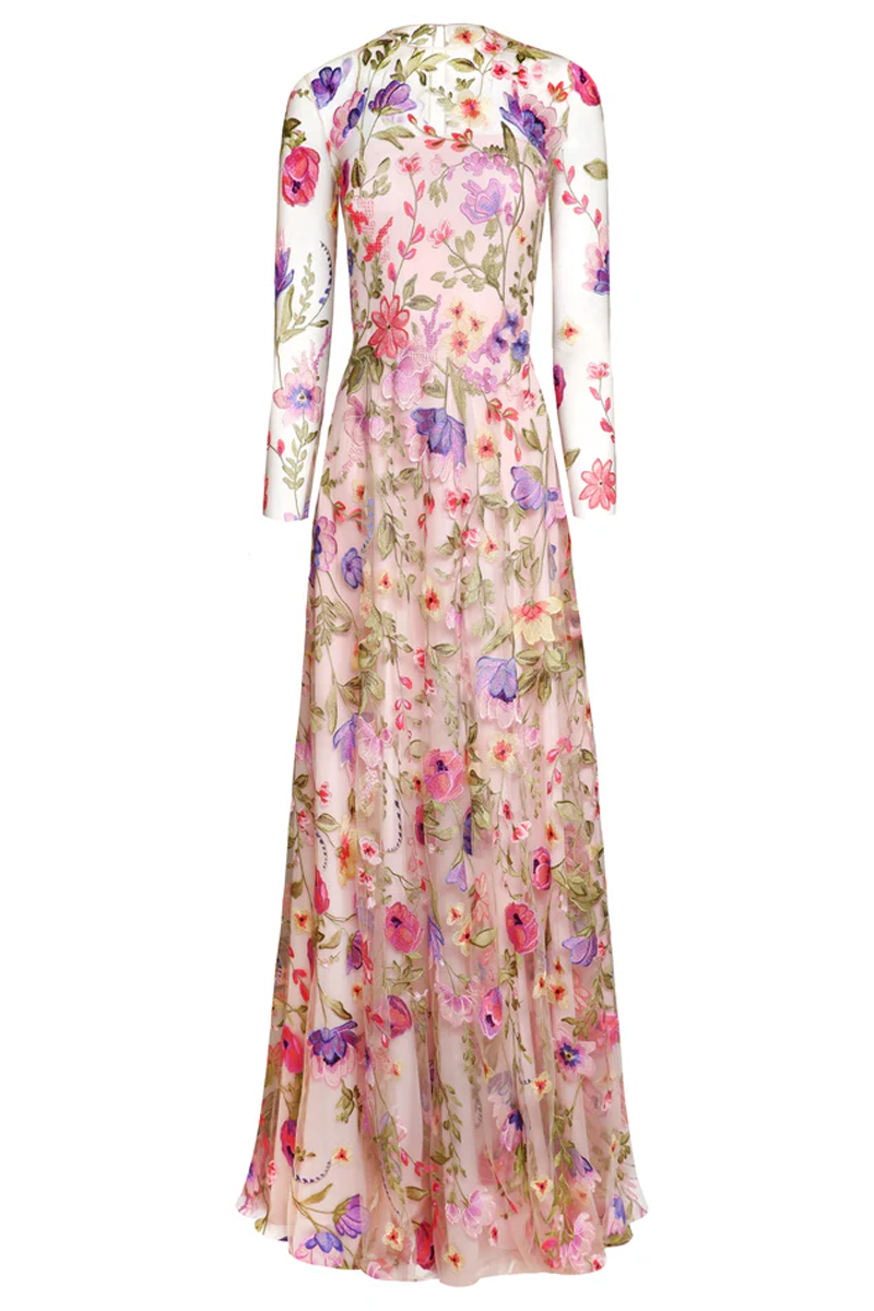 Long Sleeve Illusion Floral Gown