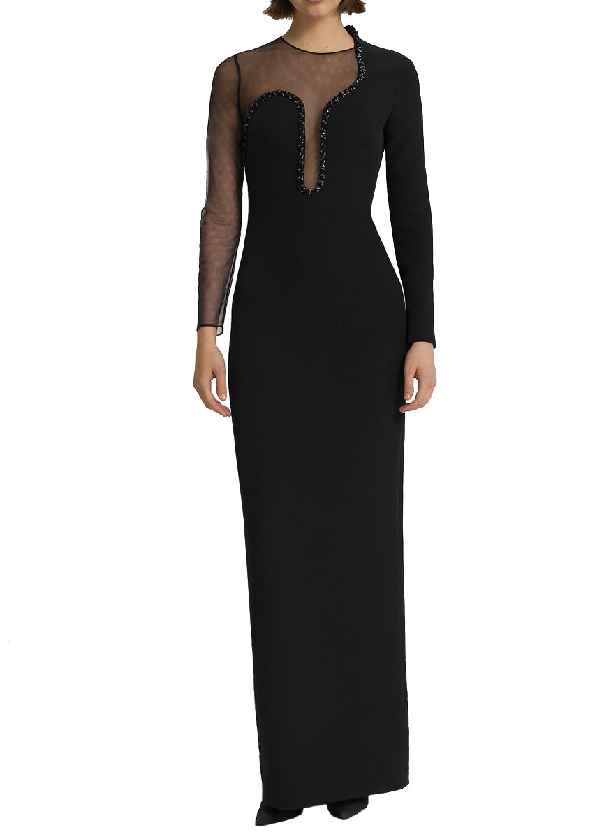 Domina Embroidered Gown in Black Tulle and Heavy Crepe