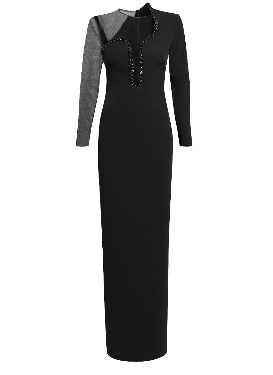 Domina Embroidered Gown in Black Tulle and Heavy Crepe