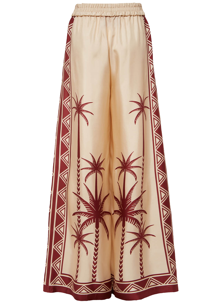 Palazzo Pants Date Palms Placée Ivory in Silk Twill