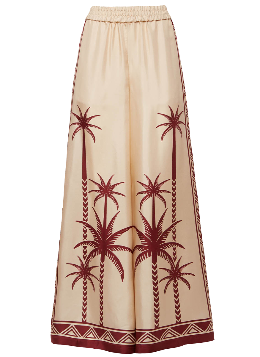 Palazzo Pants Date Palms Placée Ivory in Silk Twill