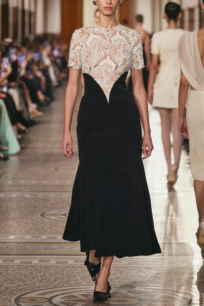 Lace and Crepe Midi Dress