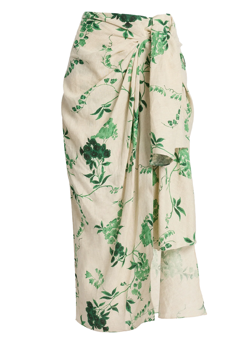 Floral Print Linen Drape Midi Skirt
