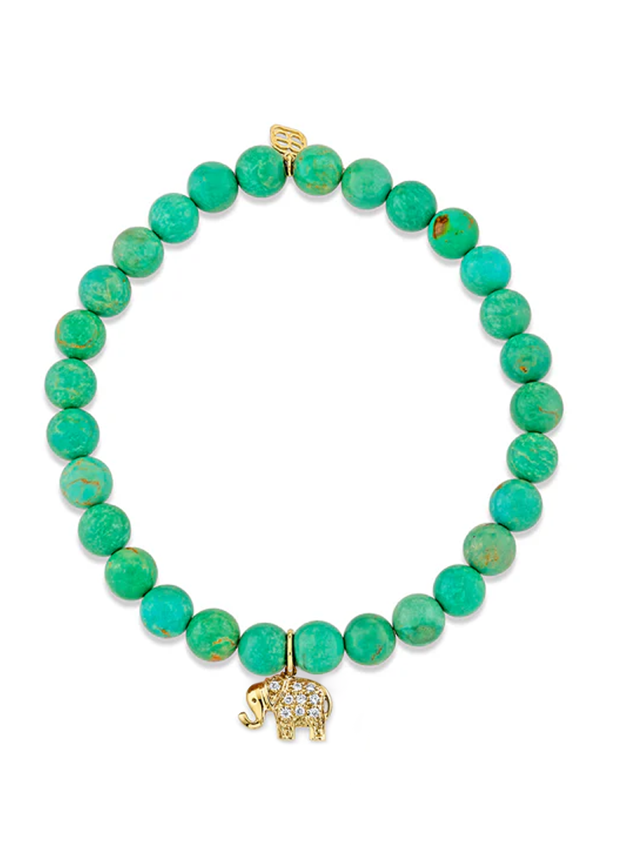 Turquoise Bead Bracelet with Diamond Mini Elephant Charm