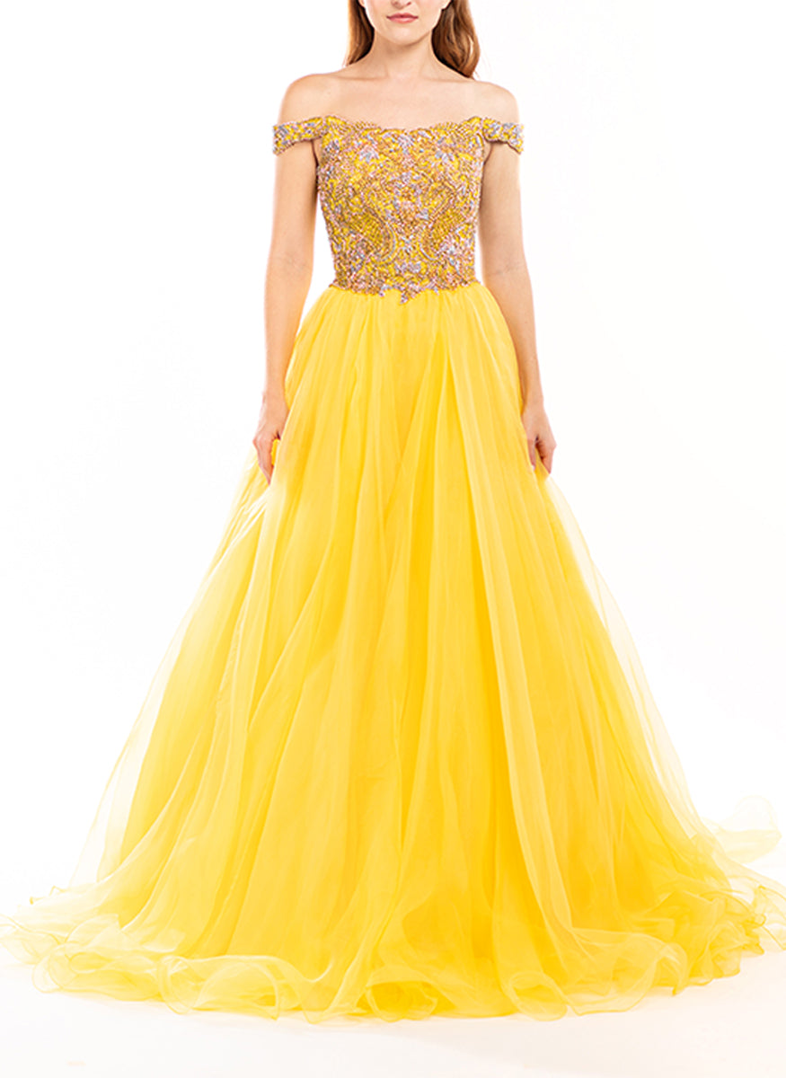 Scalloped Portrait Neckline Gown