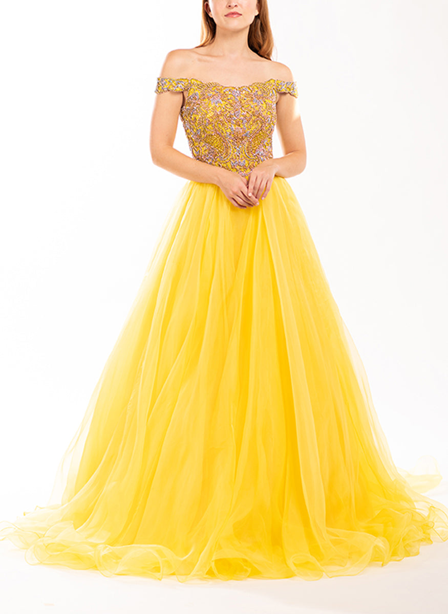 Scalloped Portrait Neckline Gown