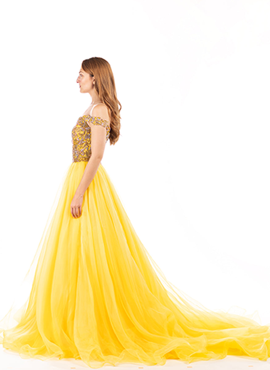 Scalloped Portrait Neckline Gown