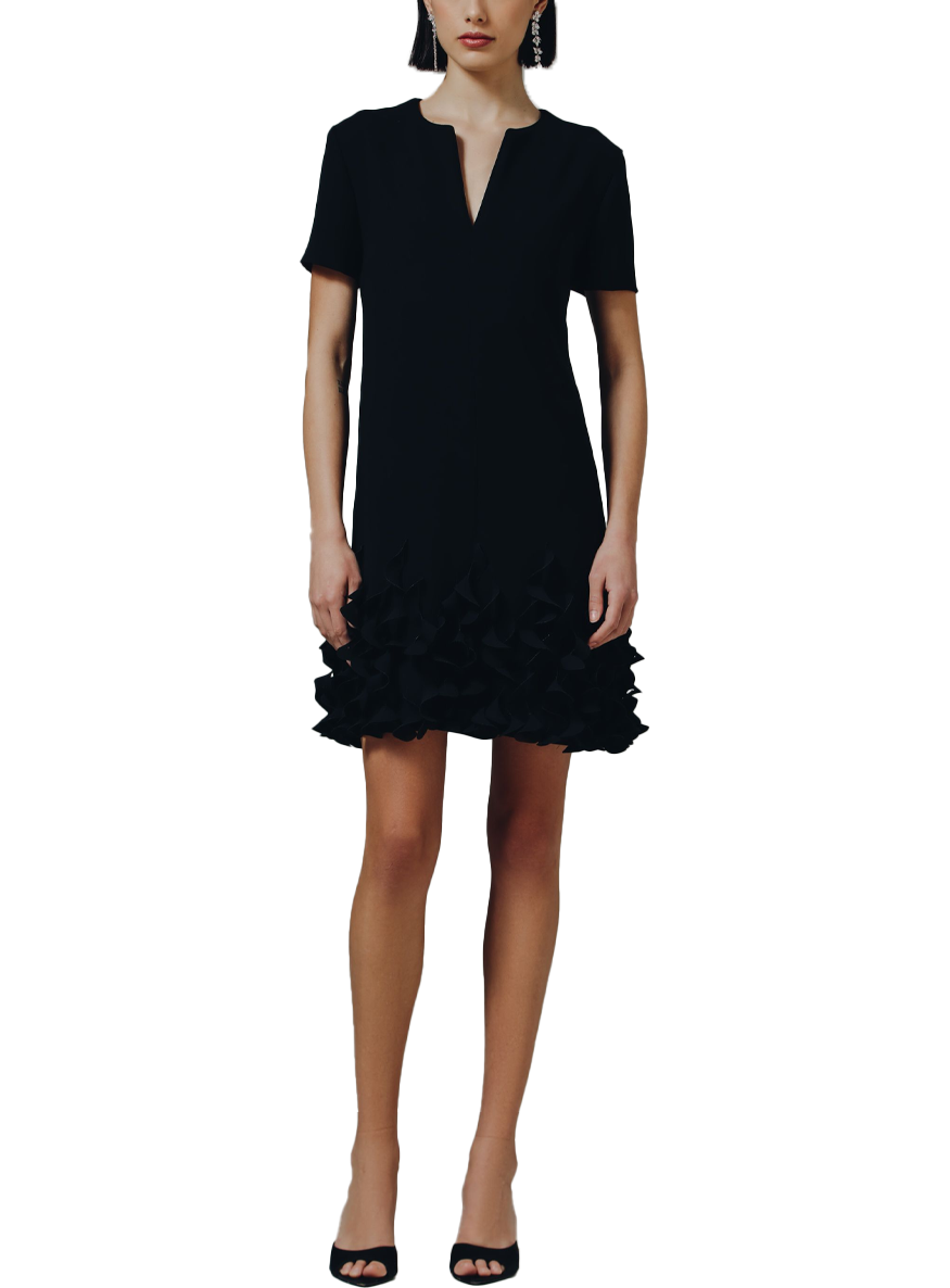 Short Sleeve Split Jewel Neck Arak Dress in Black Techno Crepe