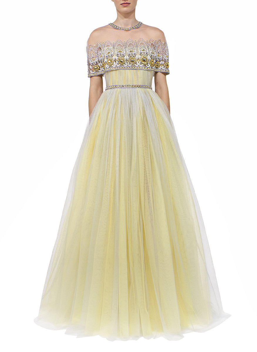 Strapless Gathered Tulle Gown