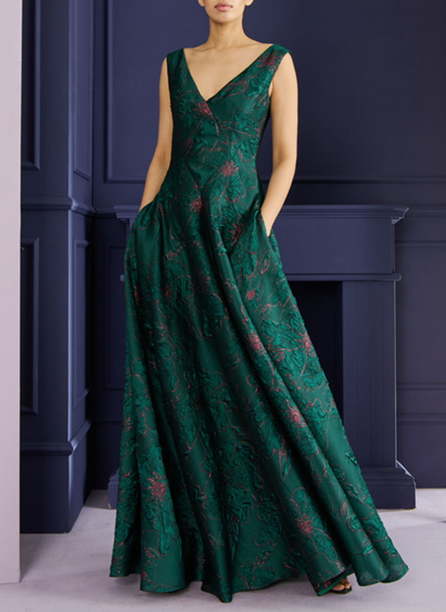 Caltha Sketch Jacquard V-Neck Gown