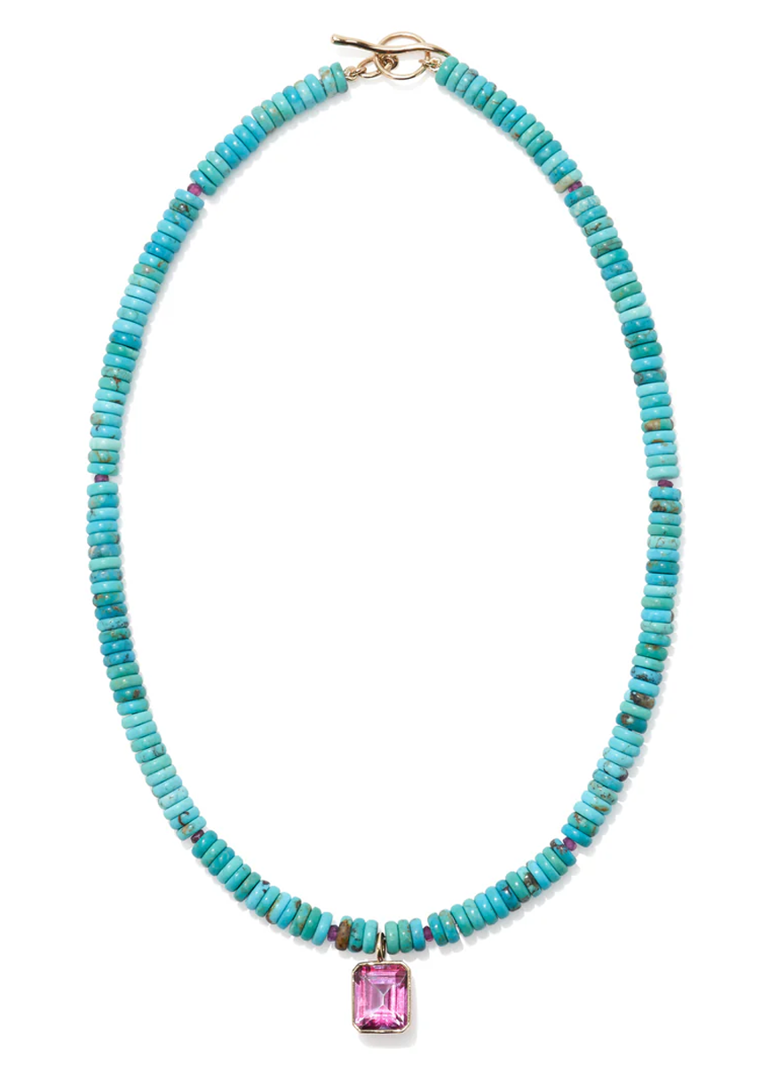 Turquoise and Pink Topaz Necklace, 14K Gold