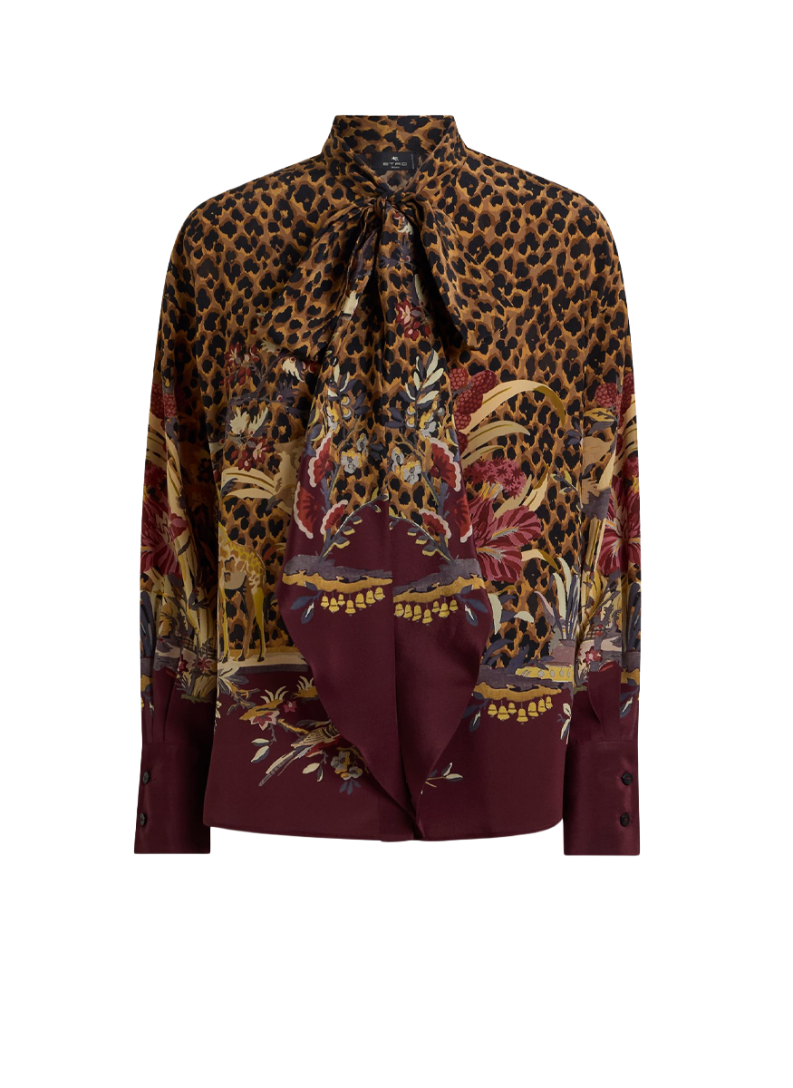 Leopard Tie Front Blouse with Floral Print
