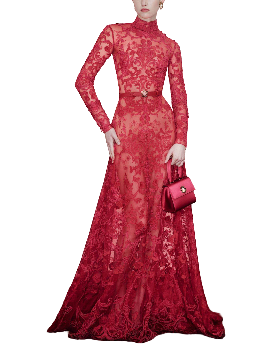 Haussmannian Flared Lace Long Sleeve Gown