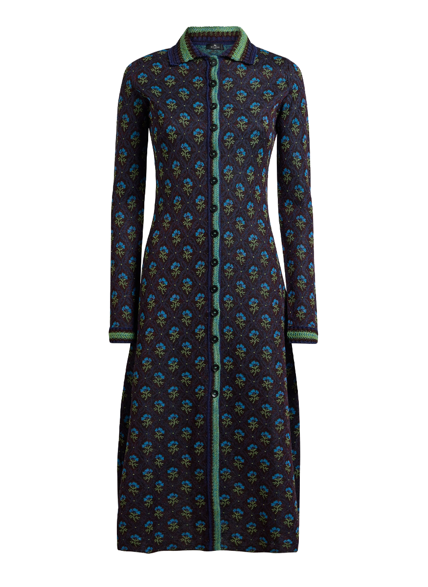 Jacquard Knit Midi Dress with Diamond Flower Motif