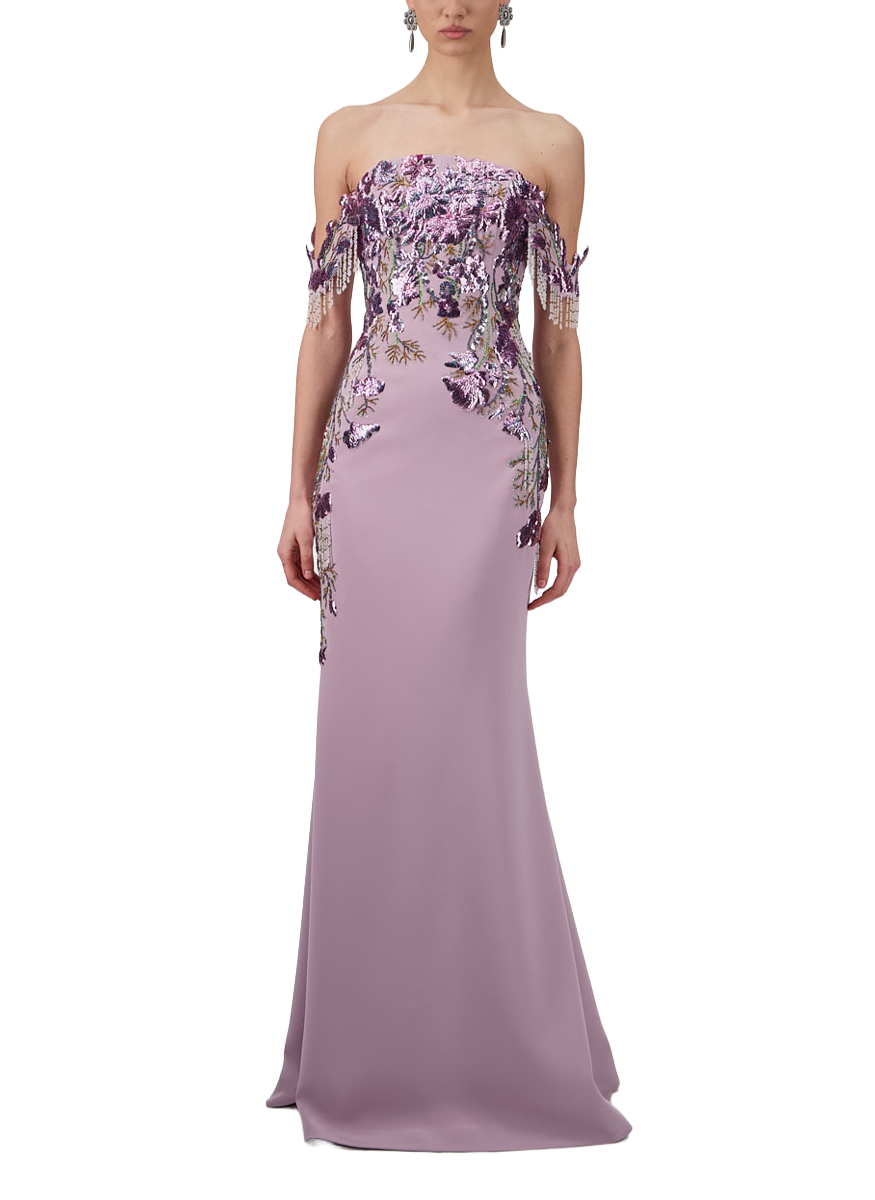 Off Shoulder Crepe Embellished Gown