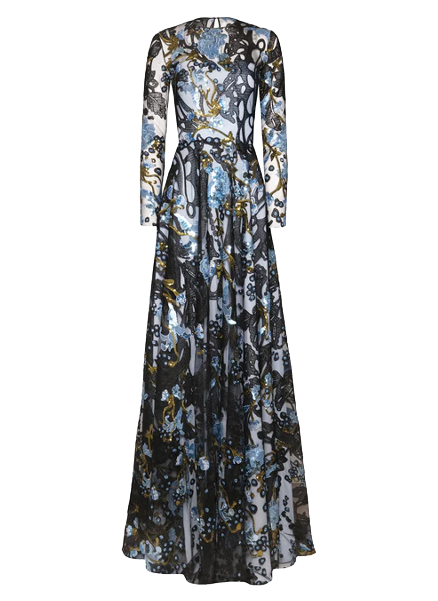 Abstract Sequin Lace Floral Long Sleeve Gown