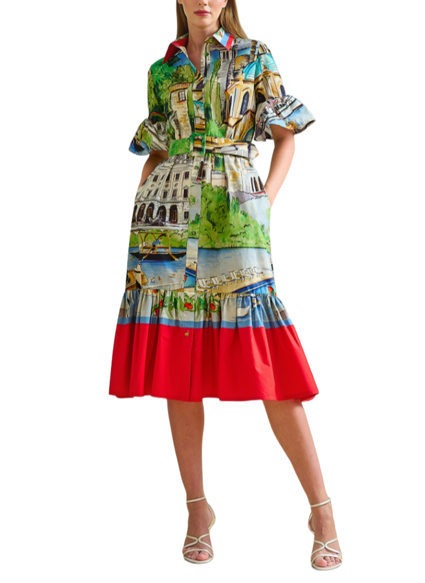 Shirt Dress With Ruffles in Printed Lake Como