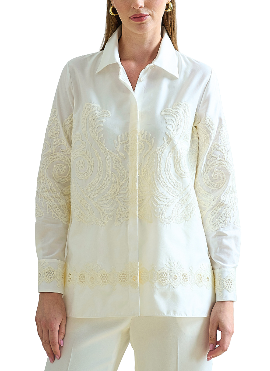 Collared Cotton Shirt With Ivory Embroidery